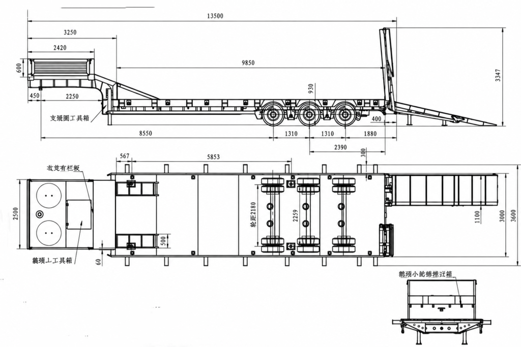 CIMC 3 Axle 44.3 ft 40 Ton Hydraulic Low bed Trailer Technical Drawing