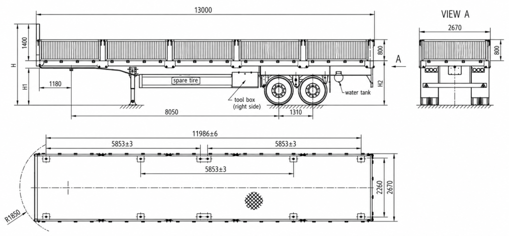 CIMC 43ft 2 Axle 40 Tons Drop Side Semi Trailer Technical Drawing