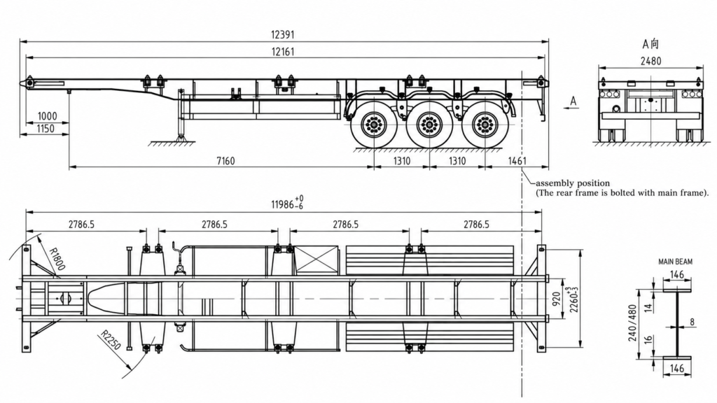 CIMC 3 Axle 40 Ft 50 Ton Skeletal Container Chassis Technical Drawing