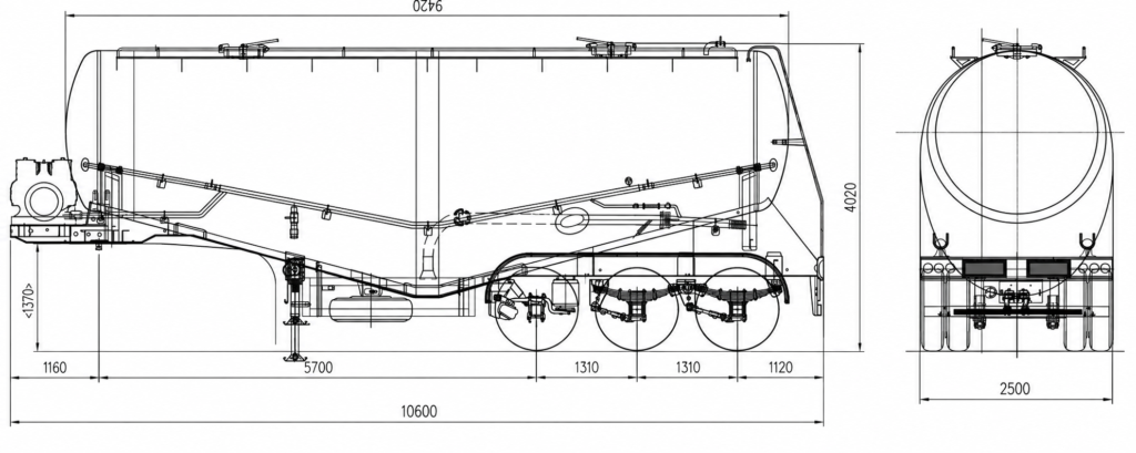 CIMC 3 Axle 45m³ Bulk Cement Tank Semi Trailer Technical Drawing