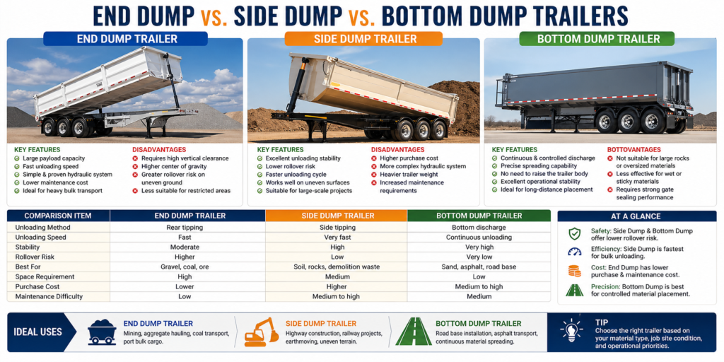 End Dump vs Side Dump vs Bottom Dump Trailers: Key Differences, Uses, Buying Guide & FAQ